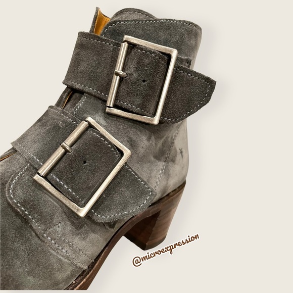 $399 Frye Sabrina Double Buckle Academia Grey Suede Leather Block Heel AnkleBoot - Picture 15 of 16